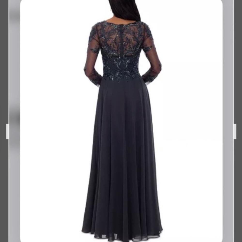 XSCAPE Women's Sequin Embellished Long Sleeve Boat Neck Chiffon Gown in Charcoal - Picture 5 of 9